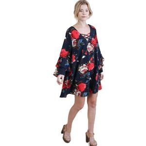 Umgee Criss Cross Layered Ruffle Sleeve Floral Dress, Navy